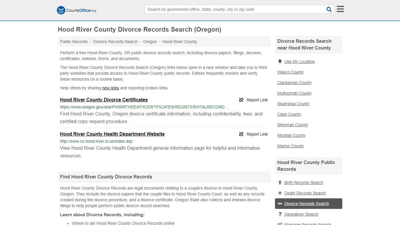 Hood River County Divorce Records Search (Oregon) - County Office