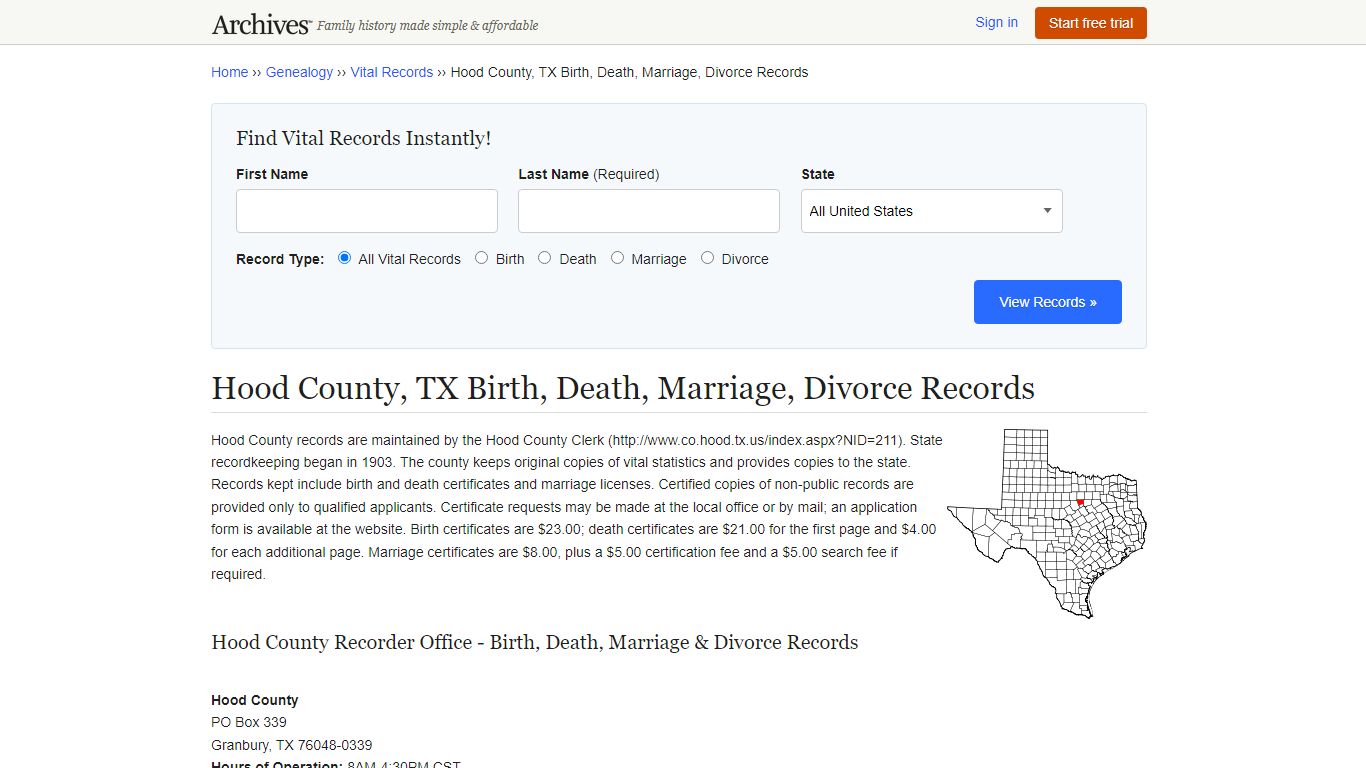 Hood County, TX Birth, Death, Marriage, Divorce Records